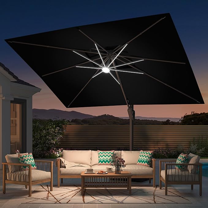 Deconk 9' X 12' Patio Umbrella with LED Lights Outdoor Cantilever Large Rectangle Offset Umbrellas Heavy Duty Aluminum Double Top with 360-degree Rotation for Pool Garden Deck, Black