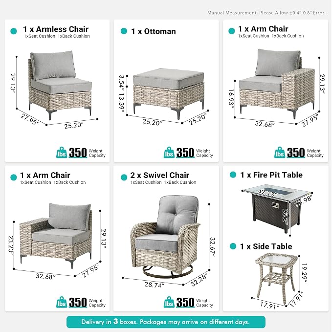 8 Pcs Patio Outdoor Furniture Set - All Weather Wicker Outdoor Sectional Sofa Couch with Swivel Fire Pit Table and Rocking Chairs e,Patio Rattan Conversation Set for Garden Deck Yard,Dark Grey