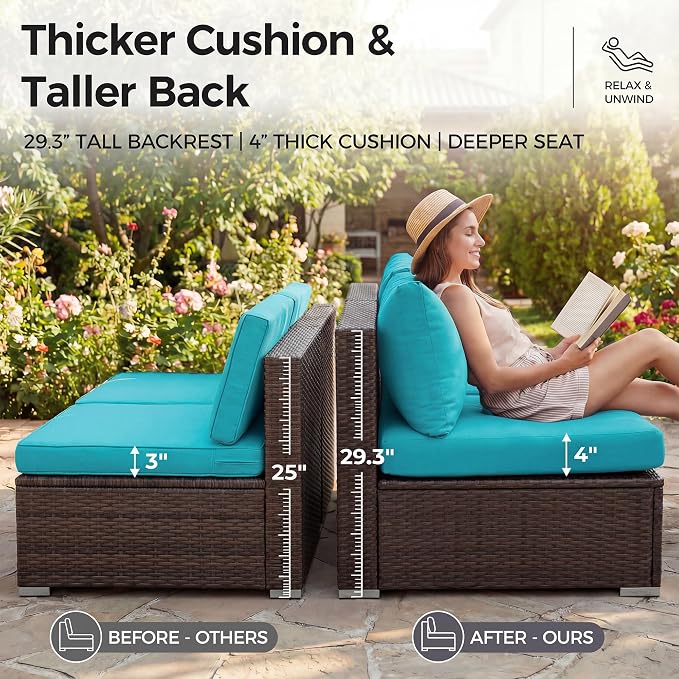 NICESOUL 7 Piece Outdoor Furniture Set with Firepit Natural Gas & Propane, Plus Size Big Modern Patio Conversation Couch, 29.3 High Back Comfy Sectional Sitting Group, Brown Rattan and Teal Cushoin