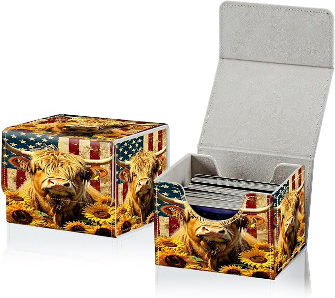 Card Deck Box for MTG, Cards Storage Box Fits 120+ Sleeved, Leather Small Size Strong Magnetic Closing Card Case for Board Games Magic TCG CCG Baseball Collection, Yellow Cow Sunflower