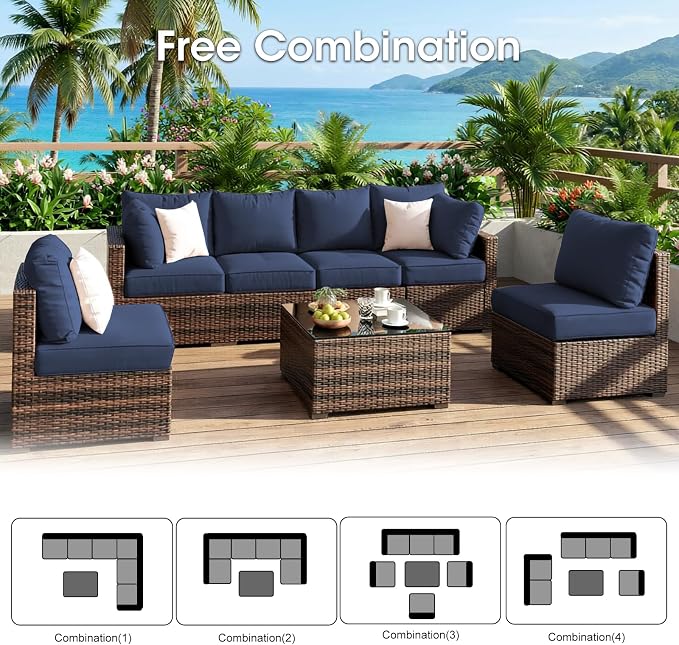 Patio Furniture Set 7 Piece Outdoor Wicker Sectional Sofa - All Weather High Backrest PE Rattan Couch Conversation Set with Cushion & Glass Top Table for Backyard Deck (Blue, L-7 pcs w/glass table)
