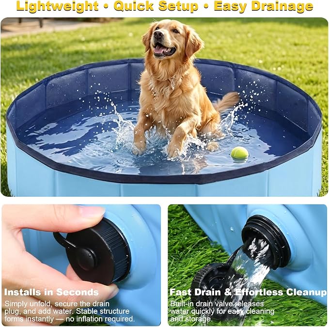 Eooqi Foldable Dog Pool, Collapsible Pet Bath Tub & Kiddie Wading Pool, Portable Hard-Side Dog Swimming Pool for Puppies, Small & Medium Dogs, Cats and Kids (Blue, 48"-L)