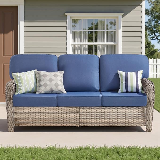 75'' Patio Couch Outdoor Wicker Sofa, Heavy Duty All-Weather Rattan 3-Seater Sofa with Deep Seating and Removable Cover, Outdoor Patio Furniture for Deck Porch Sunroom Backyard, Blue