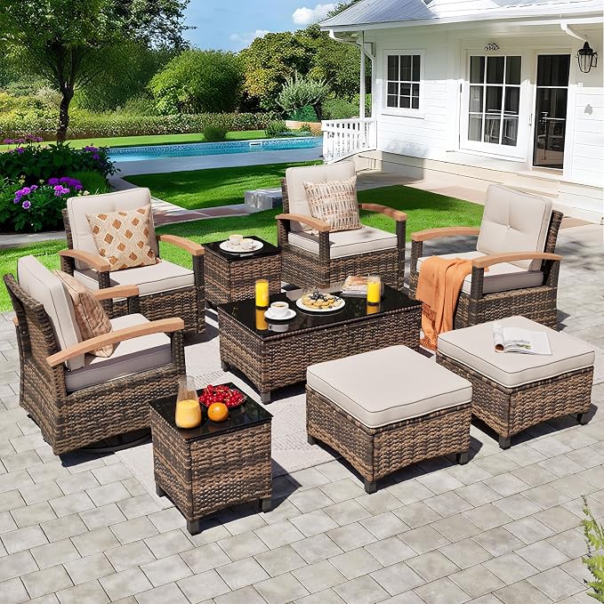 MEISSALIVVE 9 Pieces Outdoor Patio Furniture Sets,PE Wicker Patio Conversation Sets with 4 Wood Armrests Swivel Rocker Chairs，2 Ottoman and Coffee Table(Brown)