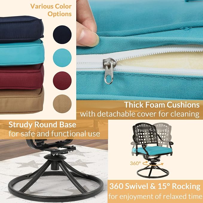 9 Piece Outdoor Patio Dining Set for 8, Cast Aluminium Large Square Dining Table & 2 Swivel Rocker Chairs, 6 Stationary, 8 Cushions, Umbrella Hole, Patio Furniture Set for Garden, Ocean Blue