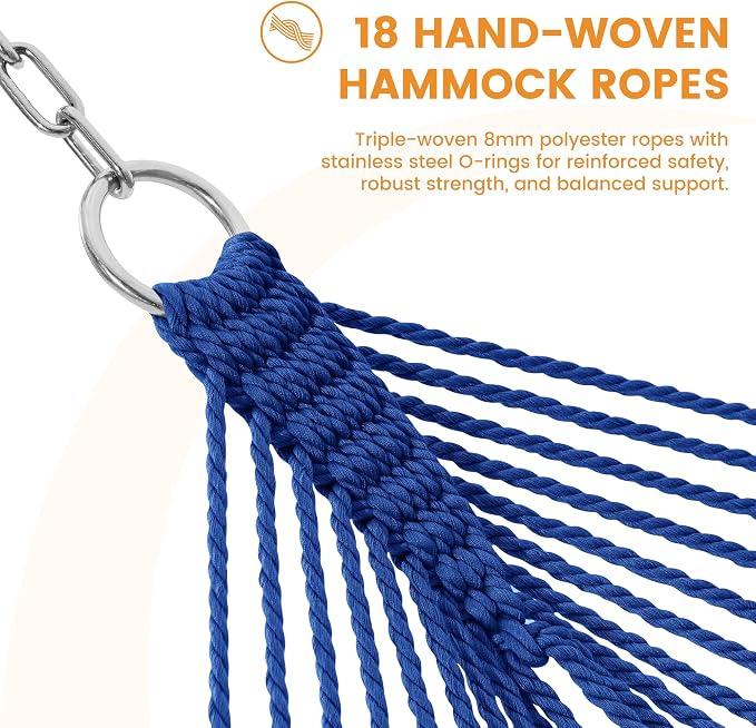 Lazy Daze Hammocks 10.5 FT Double 2 Person Caribbean Rope Hammock, Hand Woven Polyester Hammock with Spreader Bars, for Outside Outdoor Backyard Patio Poolside, 450 LBS Capacity, Blue