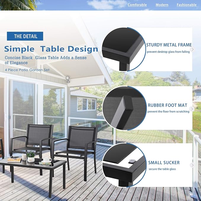 Vongrasig 4 Pieces Patio Furniture Sets, Outdoor Patio Conversation Sets with Glass Coffee Table for Garden, Backyard, Lawn, Poolside (Dark Grey)