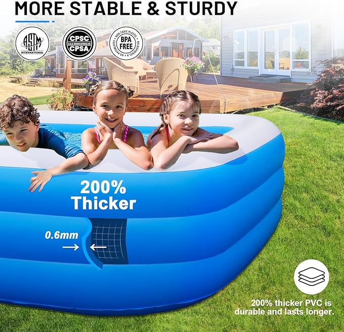 Large Inflatable Pool for Adults, 120"x70"x22" Oversized Thickened Blow Up Pool for Family, Full-Sized Swimming Pool for Backyard, Garden and Outdoor Fun