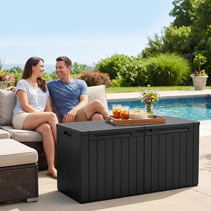 110 Gallon Deck Box Outdoor Indoor Waterproof Storage Box for Patio Furniture, Pool Accessories, Garden Tools, and Cushion Storage, Black