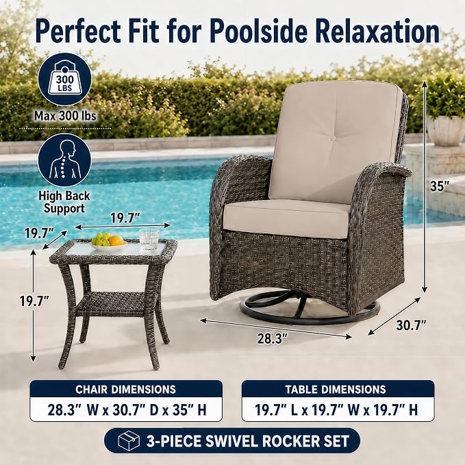 HUMMUH 3-Piece Wicker Swivel Rocking Patio Furniture Set, Brown/Beige | Powder-coated steel frame, hand-woven PE wicker, 250 lb capacity, 4-inch sponge cushions, 5mm tempered glass side table