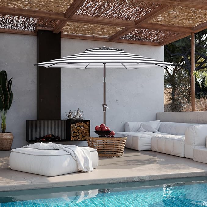 JEAREY 9' 2-Tiers Patio Umbrellas Outdoor Table Market Umbrella w/Push Button Tilt/Crank, 8 Sturdy Ribs, UV Protection Waterproof Sunproof(Black Striped)