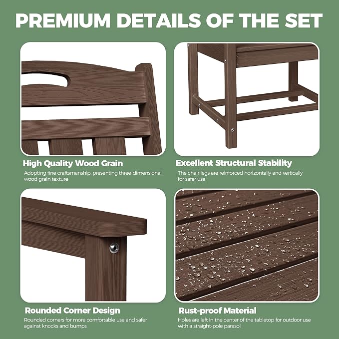 Outdoor Rectangle Dining Table, Heavy-Duty HDPE Table for 6, Weatherproof Patio Table with Umbrella Hole, Rounded Corners for Safety, Brown