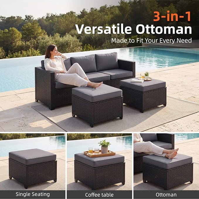 LazySunsets 7-Piece Outdoor Patio Furniture Set, Rattan Outdoor Sectional with Thick Waterproof Cushions, Wicker Ottomans & Waterproof Cover, Patio Conversation Set for Garden, Backyard,Grey