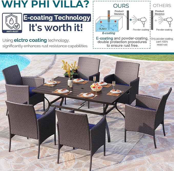 PHI VILLA 7pc Patio Dining Set w/Umbrella, Rectangular Table, Rattan Chairs | Outdoor Dining Set for 6, 60” Metal Table & 6 Cushioned Rattan Chairs with Blue Umbrella for Outdoor, Deck, Yard, Porch