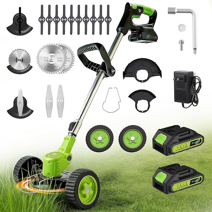 Cordless Electric Weed Wacker with Wheels, 3-in-1 Grass Trimmer & Brush Cutter & Lawn Edger, 3 Types Blade, 2X2000mAh Batteries, Lightweight String Trimmer for Garden and Yard Lawn, Gifts for Seniors