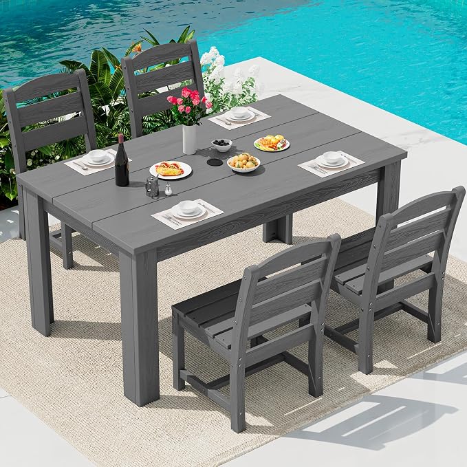 SERWALL 59" Outdoor Dining Set for 4, w/ 1 Table & 4 Armless Chairs, Gray | Armless Patio Dining Sets for All Weather Use