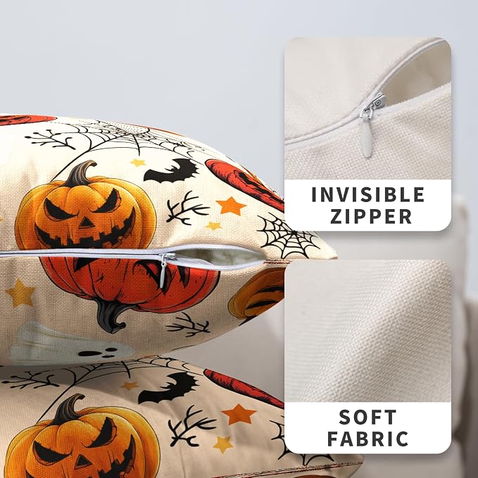 Halloween Pillow Covers 16x16 Set of 2 Jack-O-Lantern Bat Spider Web Ghost Throw Pillow Covers Horror Pumpkin Pillowcase Holiday Decor Cushion Case for Party Outdoor Sofa