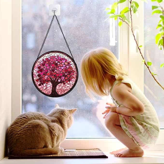Stained Glass Window Hanging, Birthday Gifts for Women Mom Grandma Nana Wife Couple, Pink Love Tree Suncatcher for Doors Window Home Sun Catchers Gifts Decor 6.3 in