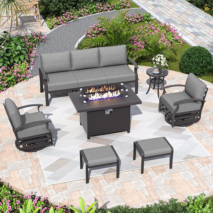 ALAULM Aluminum Patio Furniture Set with Propane Fire Pit Table 7-seat Metal Outdoor Furniture w/Swivel Chairs Patio Sectional Sofas w/2 Ottomans for Porch, Backyard, Poolside-Grey