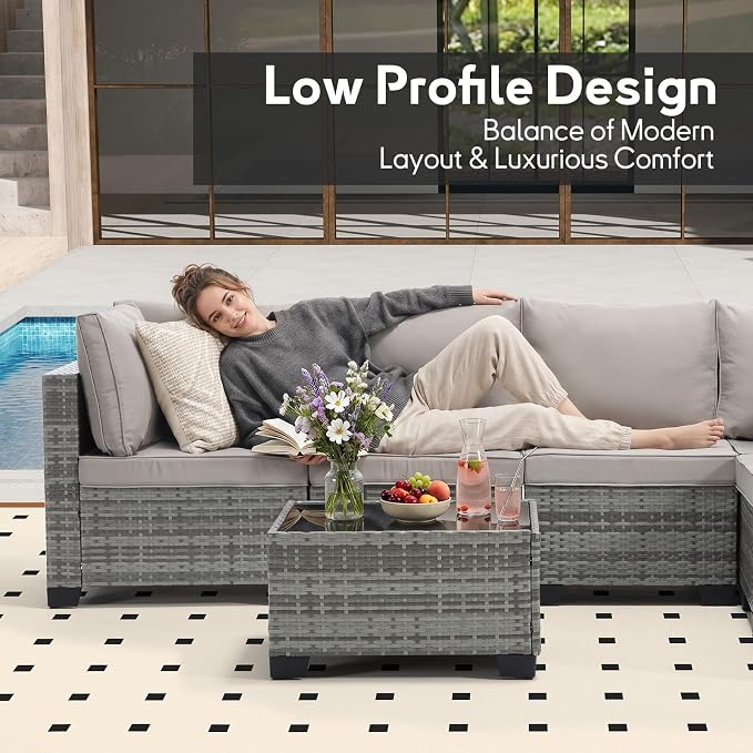 Bonzy Home 7 Pieces Outdoor Patio Furniture Set, PE Rattan Outdoor Sectional Furniture Sofa Set with Removable Cover and Glass Coffee Table, Patio Sofa for Balcony, Porch, Garden, (Grey-Grey)