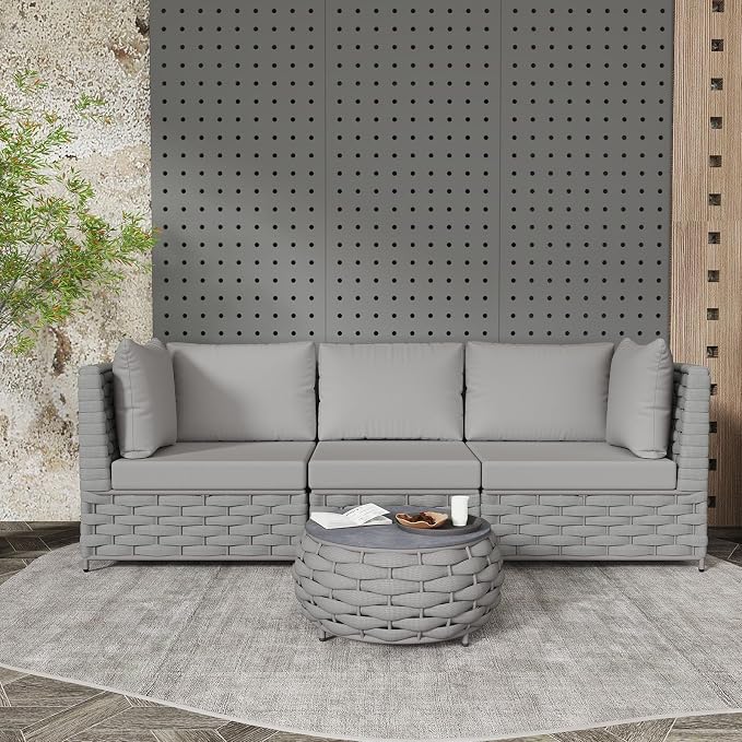 TWT 4 Piece Patio Furniture Set, All-Weather Outdoor Sectional Sofa with Coffee Table, Modern Conversation Couch Set, for Backyard Porch Garden Poolside Apartment Balcony,Light Grey