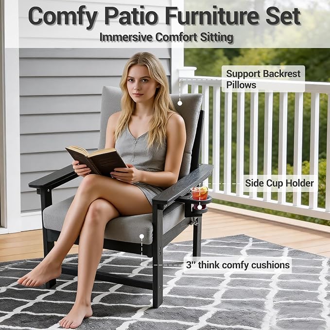 HDPE 7 Piece Patio Furniture Set, Outdoor Sectional Sofa with Coffee Table, Side Table and Seat Cusions, Patio Conversation Set for Party, Backyard, Porch, Deck, Poolside, Grey