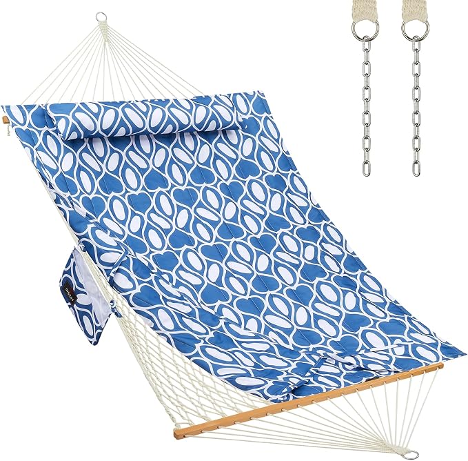 CHULIM Outdoor Double Hammock with Hardwood Spreader Bars, Large Rope Hammock with Polyester Pad and Pillow, 475 LBS Capacity for 2 Person Patio Backyard Poolside - Blue Printing