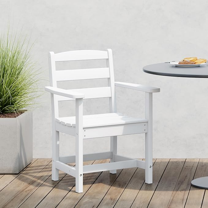 Costaelm Garden Dining Chair, Outdoor Patio Adirondack Chair with Arm, HDPE Poly Lumber, Waterproof Restaurant Bistro Dining Chair for Outside Porch Backyard, White