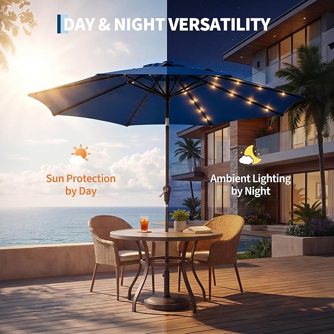 Garvee 9FT Patio Umbrella with 32 Solar LED Lights, Outdoor Table Market Umbrella with Tilt and Crank, 8 Sturdy Iron Ribs Sun Shade for Garden, Deck, Backyard and Pool, Navy Blue