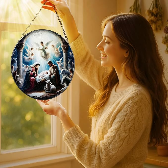 Stained Glass Window Hanging, LAOWEIKI 8'' Nativity Scene Suncatcher, Stained Glass Ornament, Nativity Scene Window Decor, Outdoor or Indoor, Christian Gifts, Religious Gifts for Women
