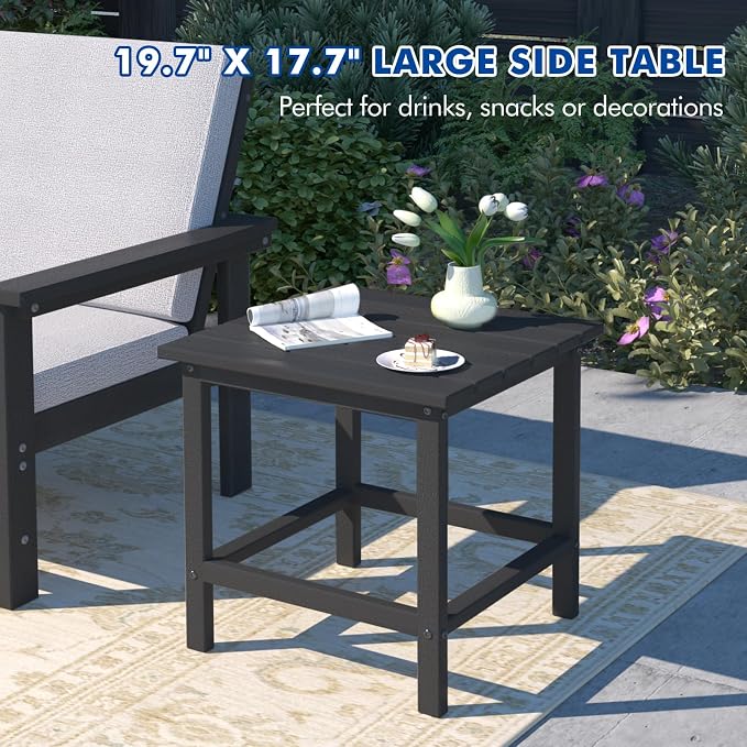7-Piece HDPE Patio Furniture Set, All-Weather Outdoor Sectional Sofa Set w/Coffee Table+Side Table - Wood-Like Composite Conversation Couch for Deck, Lawn, Balcony - Black Frame with Cushion