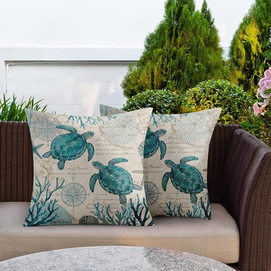 Outdoor Throw Pillow Covers, Turtle Coastal, Set of 2, 18 x 18 Inch | Nautical 18 x 18 Inch Beach Pillowcase Square Cushion Case Farmhouse Garden Decorative Pillows for Couch Patio