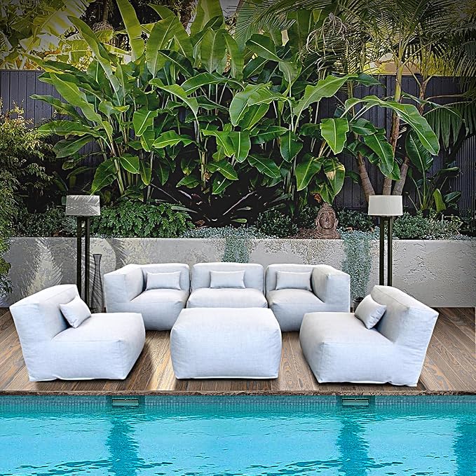 ANNYH CALALUNA 6Pc PATIO Furniture Sectional Conversation Set. Combines 3Middle, 2Corner, 1Ottoman/Coffee OUTDOOR Exp Foam Filled CHAIRS. A UNIQUE Modular Contemporary Sofa Could Gray (Cloud Gray)