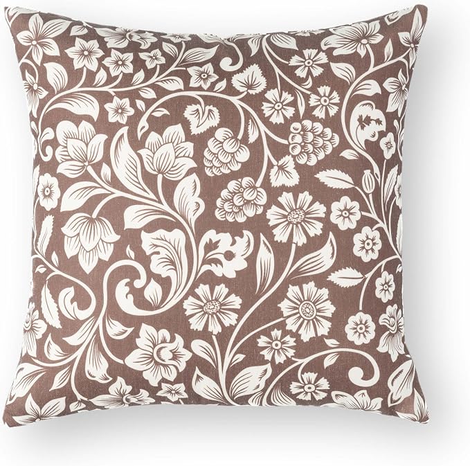 Modern Farmhouse Fall Linen Indoor Outdoor Throw Pillow Cover Only, 22"x22" Water Repellent for Patio, Backyard, Couch, Cocoa Brown Neutral Floral
