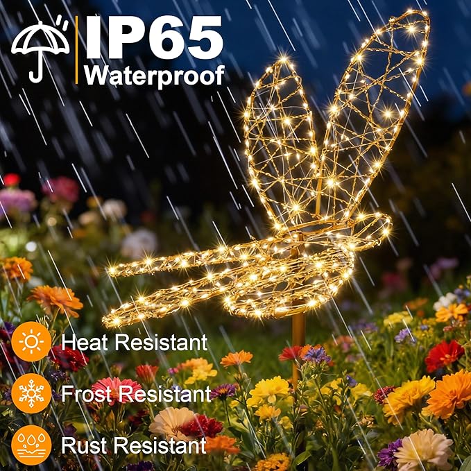 Lomotech Solar Garden Lights - 18" 240 Leds Foldable Outdoor Dragonfly Garden Decor, Waterproof Larger Outdoor Solar Lights with Iron for Garden Patio Yard Lawn Pathway Decorations (Warm White)