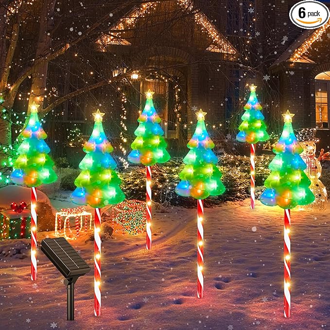 ELECLINK 25" Larger Outdoor Christmas Decorations, 6 Pack Colorful Solar Candy Cane Christmas Tree Lights with 10 Lighting Modes and Bright 102 LED, Waterproof Solar Christmas Tree for Pathway Yard