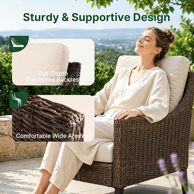 Wicker Patio Conversation Set, Outdoor Patio Furniture Set with Deep Seating, Wide Armrests & Thick Cushions, All-Weather Outdoor Furniture Set for Patio, Porch, Deck & Backyard