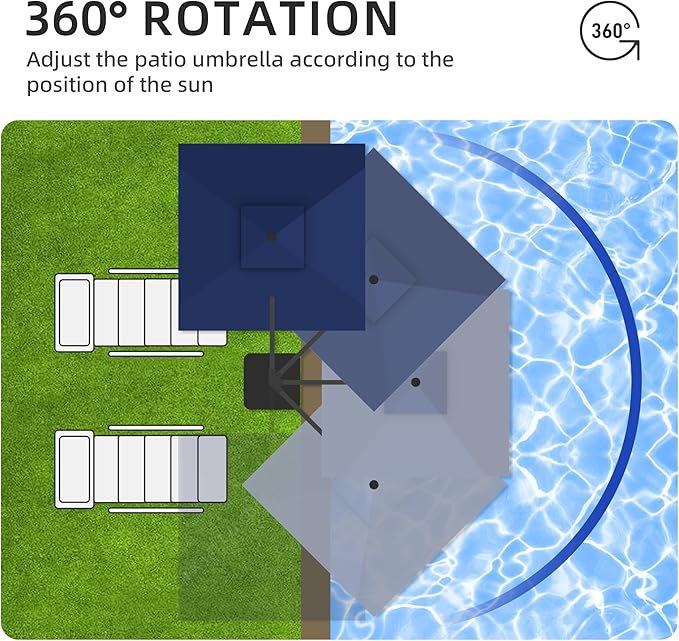 JZAC & QZYD 9x9 FT Outdoor Cantilever Patio Umbrella with Base Included and Solar LED Lights, Large Heavy Duty 2-Tier Square Aluminum Offset Umbrellas with 360-Degree Rotation for Pool Deck, Navy