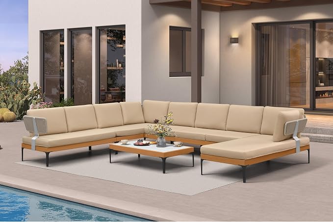 PURPLE LEAF Patio Furniture Set Outdoor Sectional Sofa with Coffee Table Fade-Resistant Cushions Wicker U-Shaped 9 Pieces Aluminum Conversation Sets for Balcony Yard Poolside Garden, Khaki