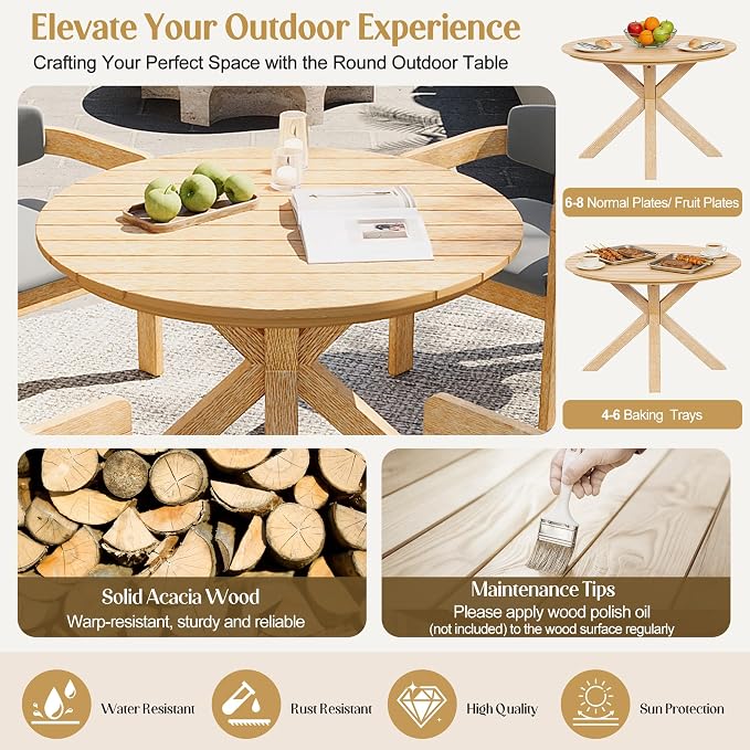 Outdoor Patio Furniture Set of 5, Acacia Wood Round Dining Set with 4 Barrel Chairs & Non-Removable Cushion, 5-Piece Patio Furniture for Backyard Deck Poolside, Acacia Wood + Gray