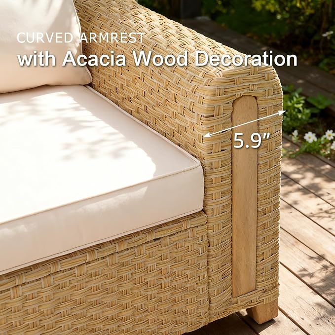 SUNSITT 6-Piece Patio Furniture Set, Outdoor Wicker & Acacia Wood Sectional Sofa Set, Patio Modular Design Conversation Sets with Coffee Table & Thick Comfy Cushion for Porch, Garden, Natural Color