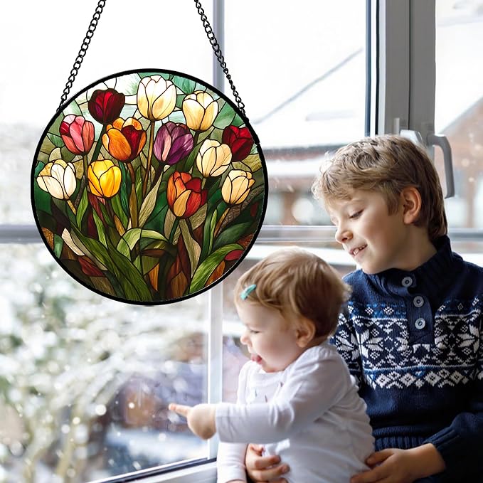 Stained Glass Window Hanging Colorful Tulip Large 15" - Flower Suncatcher Door Garden Sun Catcher Home Plant Decor Birthday Mother's Day for Mom Woman Friend Nana Colleague