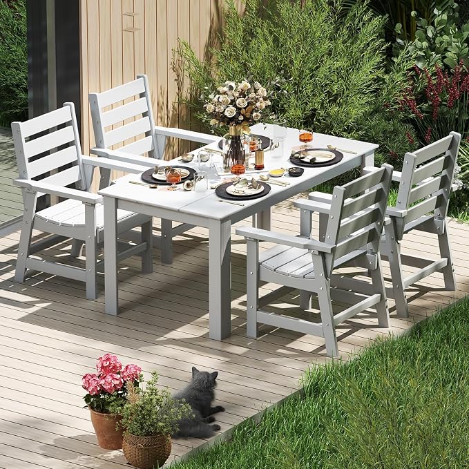 IVY&LANE Outdoor Dining Table | HDPE | 67’’ Rectangle Tables | White | All Weather | Umbrella Hole | Patio Furniture | for Poolside Lawn Garden Backyard