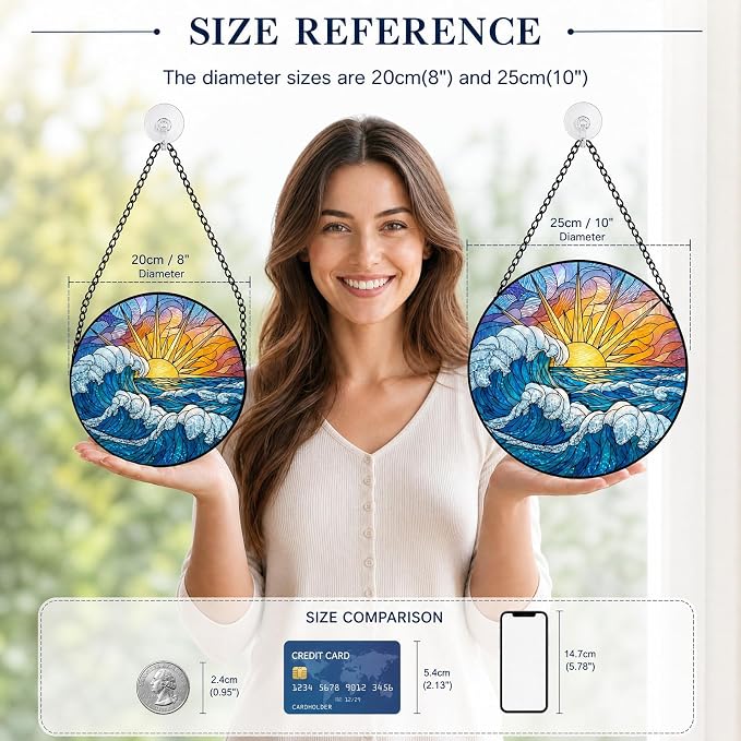Deluxe Bundle | Stained Glass Window Hanging, Ocean Sunrise 3D Embossed Diamond Glass Suncatcher, 7-Piece Coastal Gift Set with Crystal Pendant & Invisible Hooks