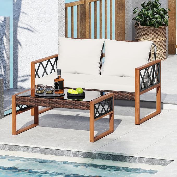 Tangkula 2 Pieces Outdoor Acacia Wood Loveseat and Table Set, Heavy Duty Patio Conversation Set for Porch, Deck and Backyard