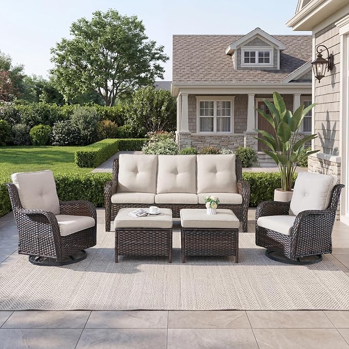 Belord 5 Piece Wicker Patio Furniture Set, Outdoor Swivel Rocker Chairs Set of 2 with Ottomans and 3 Seater Sofa, All Weather Patio Conversation Furniture Set, for Porch Pool, Brown Wicker/Beige