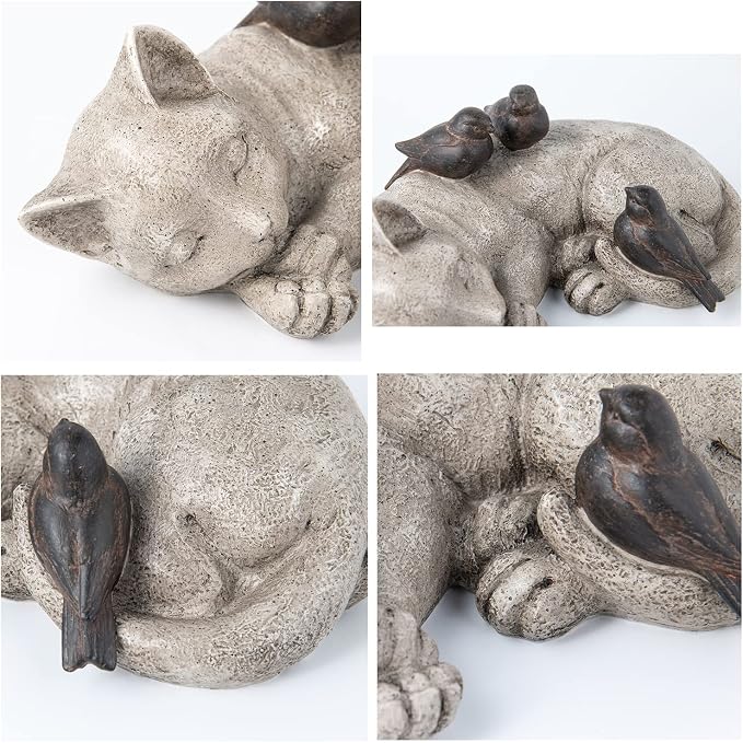 Sleeping Cat Garden Statues Outdoor - 12" Sparrows On Cat Figurine Memorial Statue Grave Markers Garden Resin Statues for Outdoor Decor Outdoor Statue Resin 12" x 8" x 4.5"