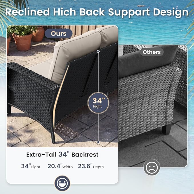UDPATIO Patio Furniture Set with 44" Fire Pit Table, High Back 2 Swivel Rocker Chairs, Wicker Outdoor Conversation Sets with Thick Cushions & Ottoman, for Garden, Porch