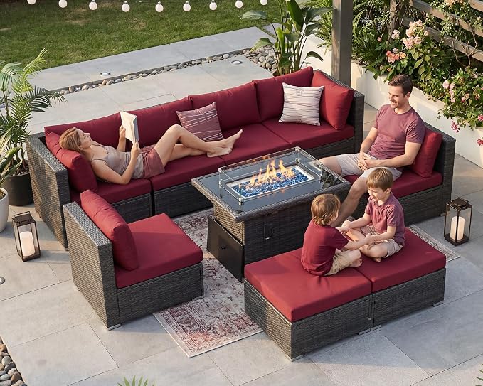 BULEXYARD 9 Pcs Highback Patio Furniture Set with Firepit, High-End Outdoor Sectional Couch with Ottoman 8-Seats, Cozy Comfy Wide Deep Deck Seating Group Conversation, Grey Rattan & Red Cushion
