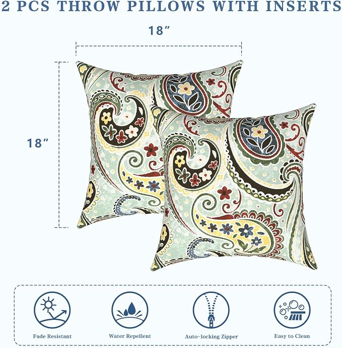 LVTXIII 2 Pack Outdoor Pillows 18x18 Inch, Square Throw Pillows with Inserts, Decorative Water-Repellent Pillow Cushions for Patio Furniture and Garden Sofa, Paisley Light Cyan